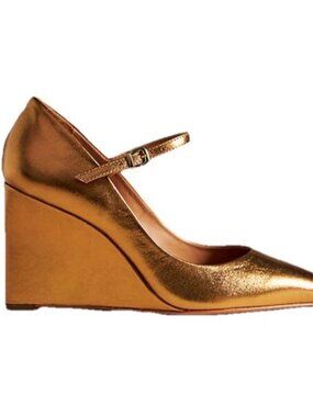 Anthropologie Maeve The Sibley Wedge Mary Jane Heels Rose Gold  Holiday Party 40